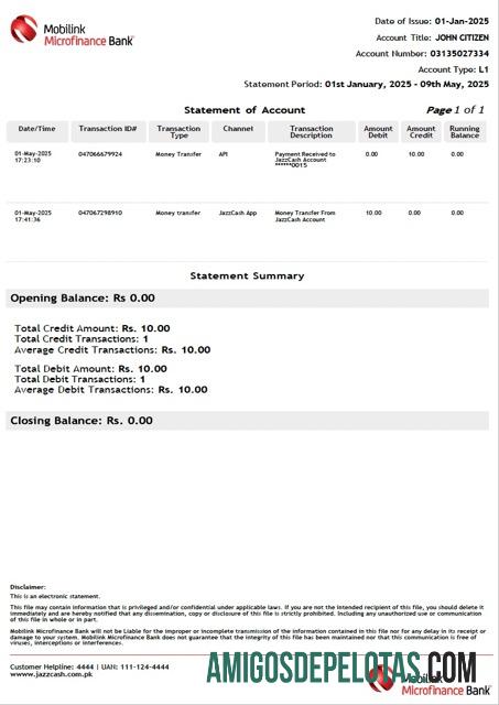 Extrato bancário de microfinanças do Paquistão Mobilink para download modelo Word e PDF
